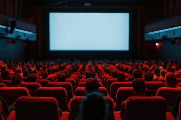 Wall Mural - A movie theater filled with people watching a blank screen, red seats and dark ambiance.