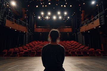 Wall Mural - A lone figure stands on a dark stage, facing rows of empty red theatre seats, bathed in the soft glow of stage lights.