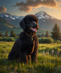 Wall Mural - black poodle sitting in meadow at sunset with mountain view
