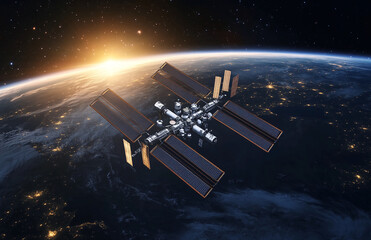 Wall Mural - Space station orbiting earth with stunning sunrise backdrop and glowing city lights visible below