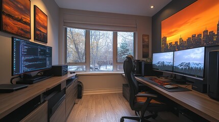 Programmer's winter home office, dual monitors, cityscape art, coding