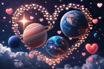 Wall Mural - Celestial Hearts and Planets Romantic Background