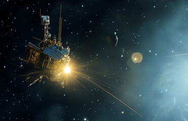 Wall Mural - Spacecraft exploring deep space surrounded by stars and nebula creating an awe inspiring cosmic image