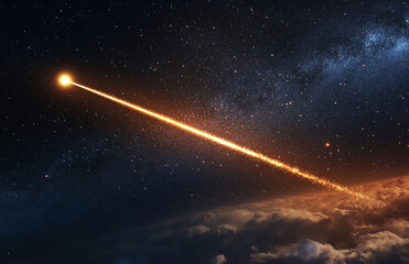 Wall Mural - Streaking meteor across night sky with glowing tail and stars creating celestial spectacle beauty