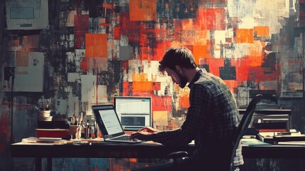 Focused programmer coding laptop, abstract art office, night