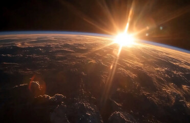 Wall Mural - Breathtaking sunrise view from outer space capturing Earth's horizon with brilliant sunlight rays