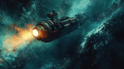 Futuristic spaceship navigating nebula, cosmic dust, space exploration, science fiction artwork