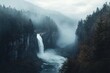 © dwie - Majestic waterfall cascading down a forested mountain landscape in the mist