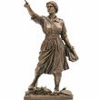 © Pic - Bronze statue of woman pointing, war-era clothing, grassy base, isolated white background; historical illustration