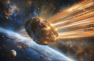Wall Mural - Asteroid hurtling through space with glowing trails and distant planets in stunning cosmic display
