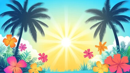 Tropical sunrise beach scene, vibrant flowers, summer vacation design