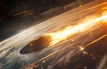 Wall Mural - Spacecraft re-entry with flames and sparks entering earth's atmosphere in a fiery celestial descent