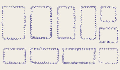 hand drawn scalloped frame set. chalk scribble wavy pencil texture doodle curly borders collection. 