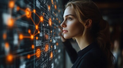 Woman Observing Futuristic Network Interface