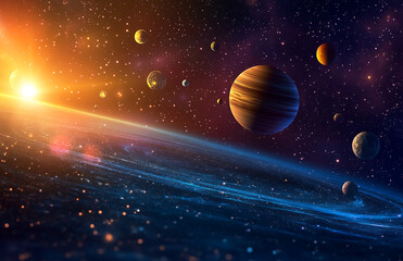 Wall Mural - Cosmic landscape with distant planets and glowing stars illuminating the vastness of the universe