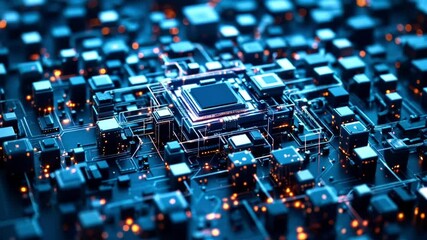 An evolving shifting cube network resembling a futuristic motherboard