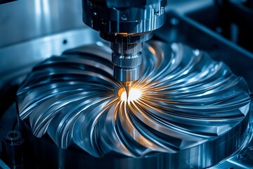 cnc machine carving a precise spiral pattern into metal, showcasing high-tech manufacturing, enginee