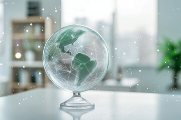 Aufkleber - Transparent glass globe with network connections visualizing a digitally connected planet and sustainable global data communication concept in clean office space, Generative AI