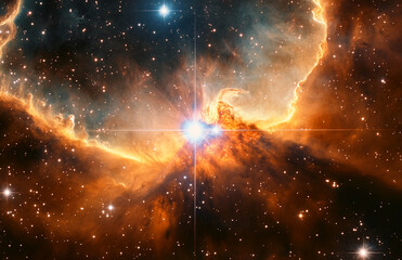 Wall Mural - A vibrant nebula with bright stars and swirling clouds of gas and dust illuminated with colorful light