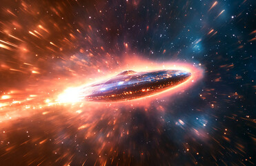 Wall Mural - A futuristic spaceship traveling through space with orange and blue light trails around it