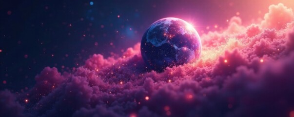 iridescent planet glowing softly amidst swirling stardust, shimmer, abstract