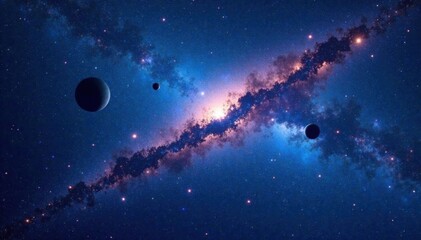 Milky Way galaxy in deep blue space background with stars and planets , celestial, galaxy