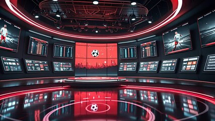 Futuristic sports broadcasting studio with red lighting digital screens and soccer graphics in circular layout

