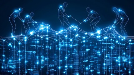 Figures pulling a connected network over a futuristic cityscape