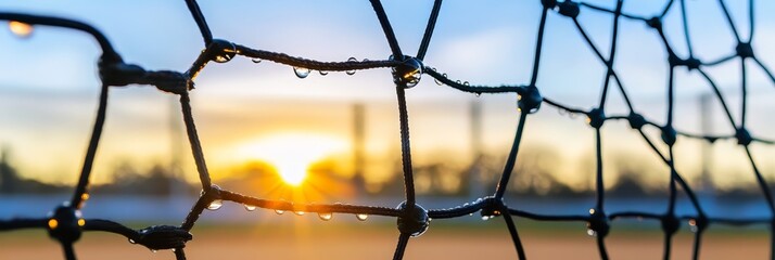 A net with raindrops on it. The net is blue and white. The raindrops are small and clear