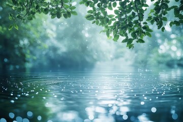 Aufkleber - Calm water reflects sunlight amidst lush green foliage in a serene natural setting during a bright summer afternoon