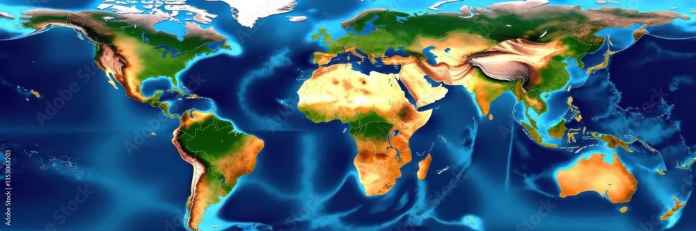 Colored continents map with various landforms, rivers, color-coded map ...