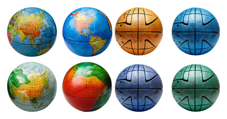 colorful globes of the world showing diverse continents and textures, isolated on transparent backgr