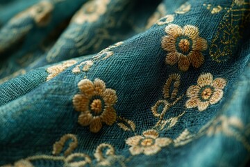 Poster - Delicate green fabric adorned with vibrant floral embroidery showcases intricate craftsmanship and artistry in textile design