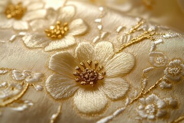 Poster - Delicate green fabric adorned with vibrant floral embroidery showcases intricate craftsmanship and artistry in textile design