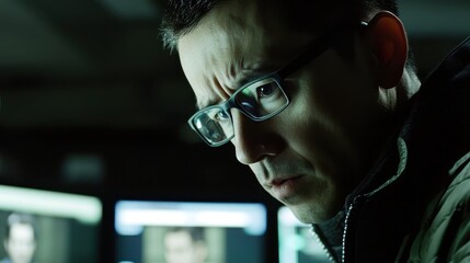 Focused Hacker in Dark Room Monitors Multiple Screens.