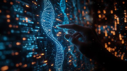 Hand interacting with digital DNA strand on screen.
