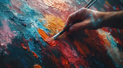 Poster - Artist's hand carefully mixing vibrant colors on canvas in a creative studio filled with inspiration and artistic tools