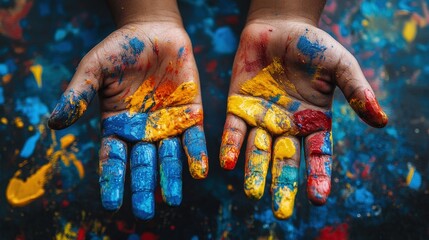 Fototapete - Artist's hand carefully mixing vibrant colors on canvas in a creative studio filled with inspiration and artistic tools