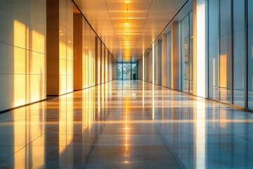 Aufkleber - Bright sunset reflecting in modern glass corridor of a high-rise building in a city skyline during early evening