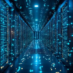 Futuristic data center with glowing blue servers high resolution picture