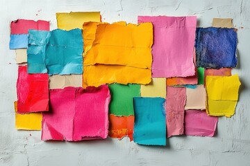 Leinwandbilder - Bright and colorful paper collage displayed on a textured white wall showcasing creativity and artistic expression in a modern setting