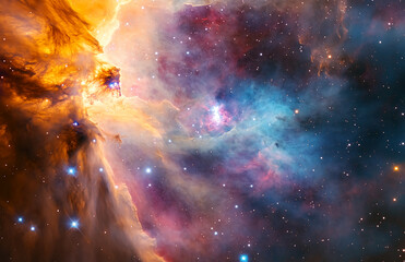 a vibrant nebula displaying a mix of orange blue and purple hues with scattered stars throughout spa