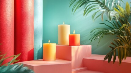 Leinwandbilder - Modern pastel decor arrangement showcasing vases and a plant in a softly lit interior space with creative shadows during daylight