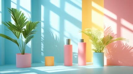 Leinwandbilder - Modern pastel decor arrangement showcasing vases and a plant in a softly lit interior space with creative shadows during daylight