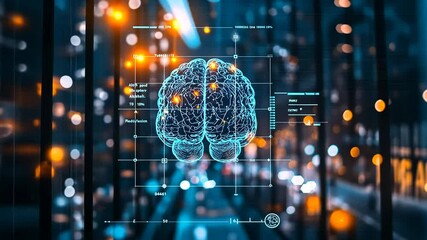 Digital Brain Network in Glowing City at Night
