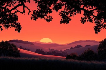 Fototapete - Stunning sunset view over rolling hills with vibrant orange sky and silhouettes of trees in peaceful landscape
