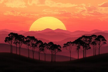 Aufkleber - Stunning sunset view over rolling hills with vibrant orange sky and silhouettes of trees in peaceful landscape