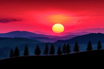 Aufkleber - Stunning sunset view over rolling hills with vibrant orange sky and silhouettes of trees in peaceful landscape