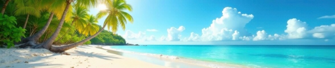 soft focus images of beach with palm trees under bright sun and blue sky with fluffy white clouds, p