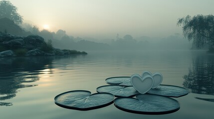 Aufkleber - Floating green heart-shaped leaves on tranquil water surface reflecting morning light in a serene natural setting